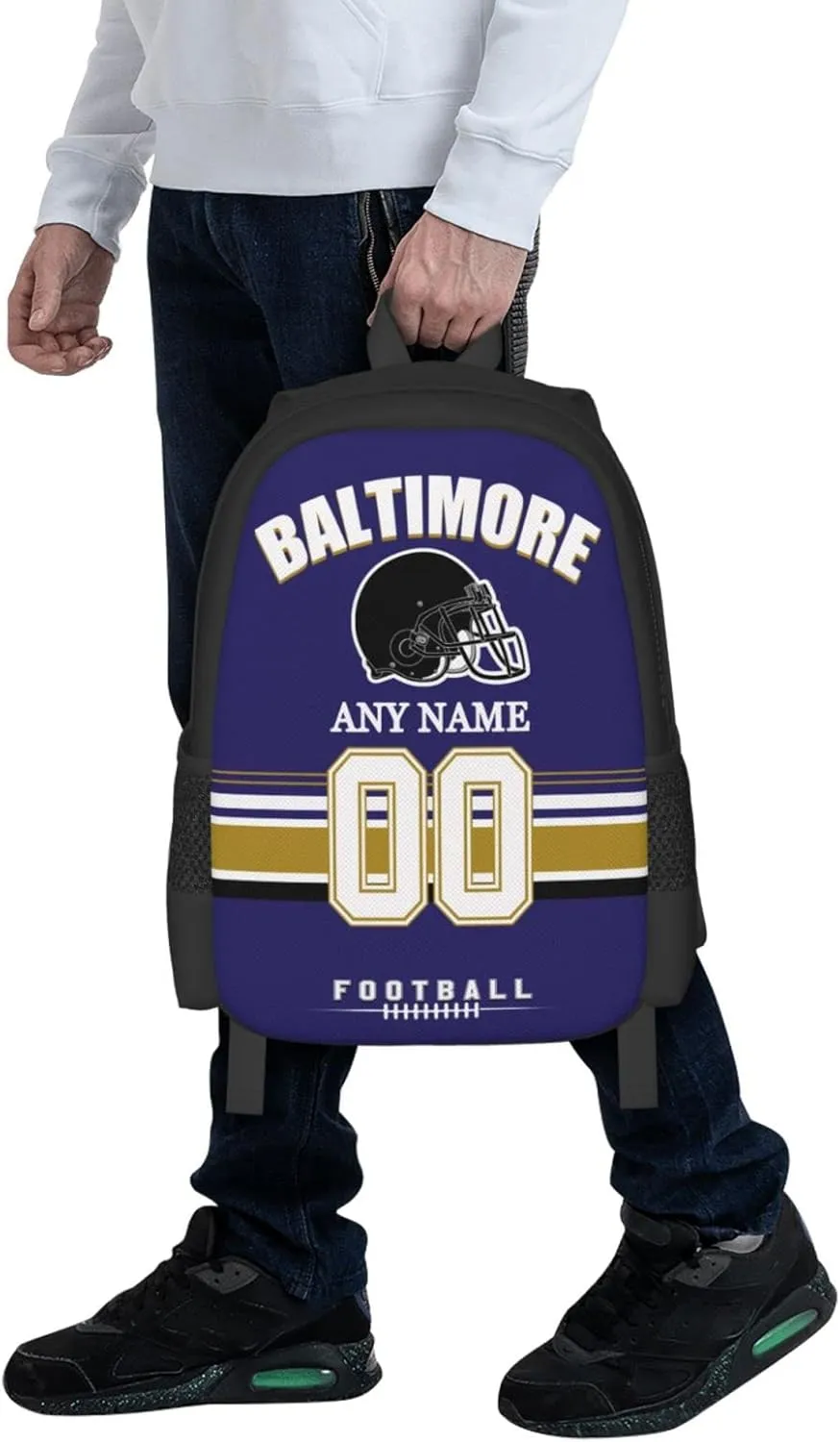 Baltimore Backpack Custom Football Sport Backpacks, Customized Personalized Name And Number Backpack Travel Bag Gifts For Fans Men Women 17in