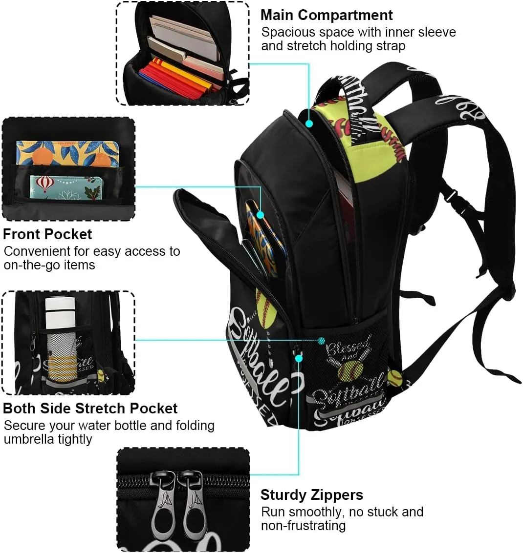 Baseball Backpack Softball Sport Laptop Travel Bag Lightweight Daypack School Bookbags for Women Men Kids Teens