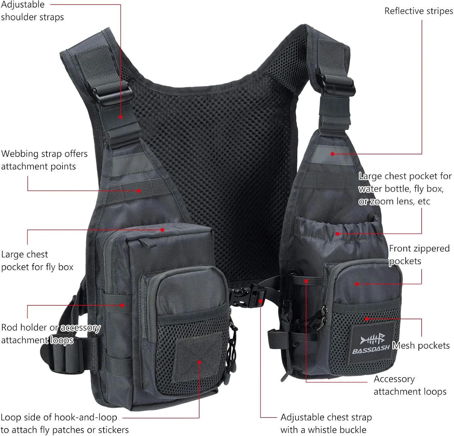 BASSDASH FV08 Ultra Lightweight Fly Fishing Vest for Men and Women Portable Chest Pack One Size Fits Most