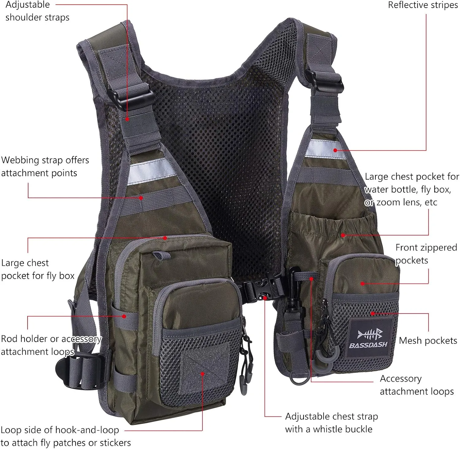 BASSDASH FV08 Ultra Lightweight Fly Fishing Vest for Men and Women Portable Chest Pack One Size Fits Most