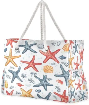 Beach Bag - Large Tote Bags for Women Starfish Shell Fish Pattern Coral Shoulder Bags Zipper Waterproof Sandproof for Travel Gym Swim Daily