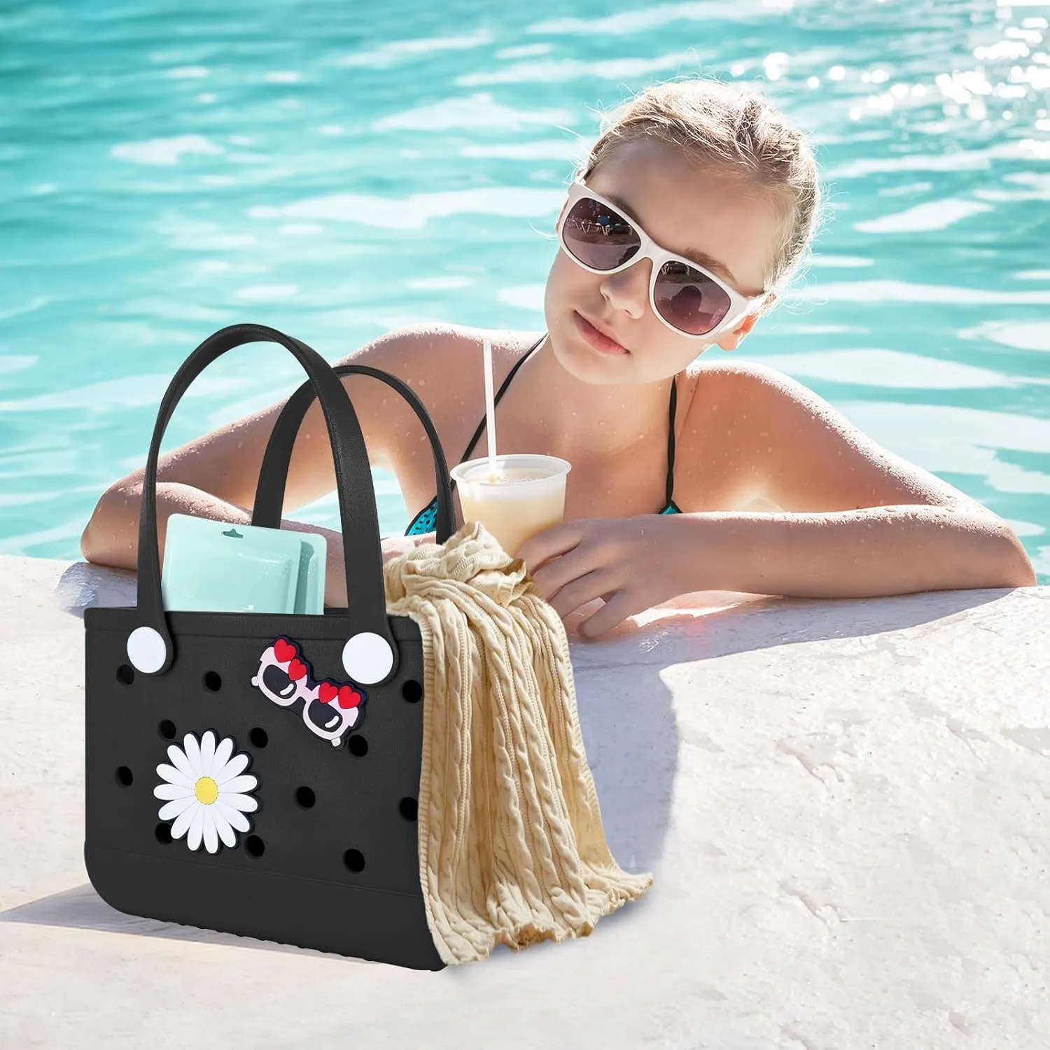 Beach Bag Rubber Tote Bag - Extra Large Handbag with Charms Waterproof Lightweight Travel Purses for Pool Boat