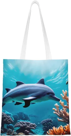 Beautiful Underwater World Dolphins Coral print Canvas Tote Bag for Women,Womens Purse Handbags for Travel Beach Nurse College Gift