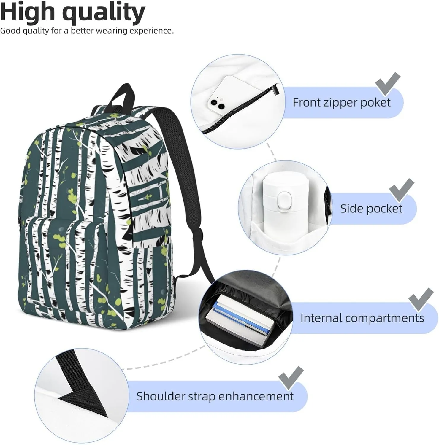 Beauty Birch Tree Durable Rucksack For Laptop,Excursion Backpack,Travel Notebook Carrier,Book Bags For Men Women