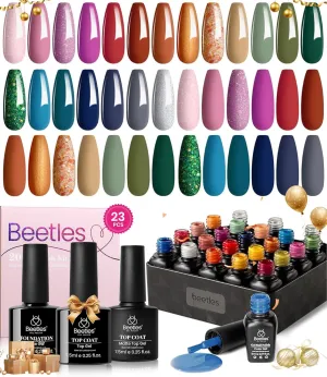 Beetles Gel Nail Polish Set, 23 PCS 20 Colors Gel Nail Polish Kit Green Red Blue Glitter Gold Brown Pink Base and Glossy Matte Top Coat Gel Nail Polish Soak Off Uv Gifts for Women