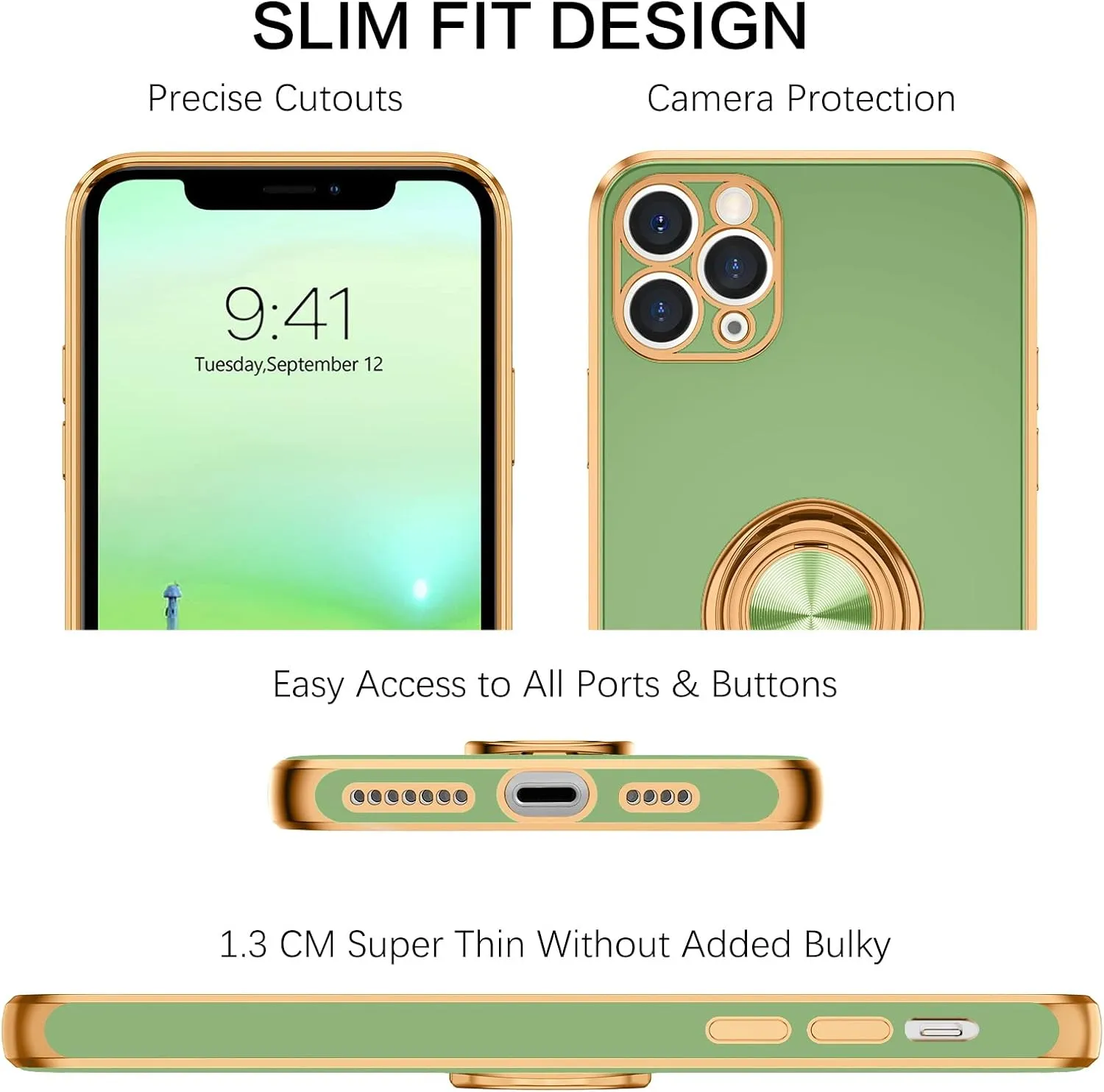 BENTOBEN for iPhone 11 Pro Max Case, Phone Case iPhone 11 ProMax, Slim Fit Kickstand Ring Holder Shockproof Protection Soft TPU Bumper Protective Girl Women Boy iPhone 11 ProMax Cover, New Green/Gold