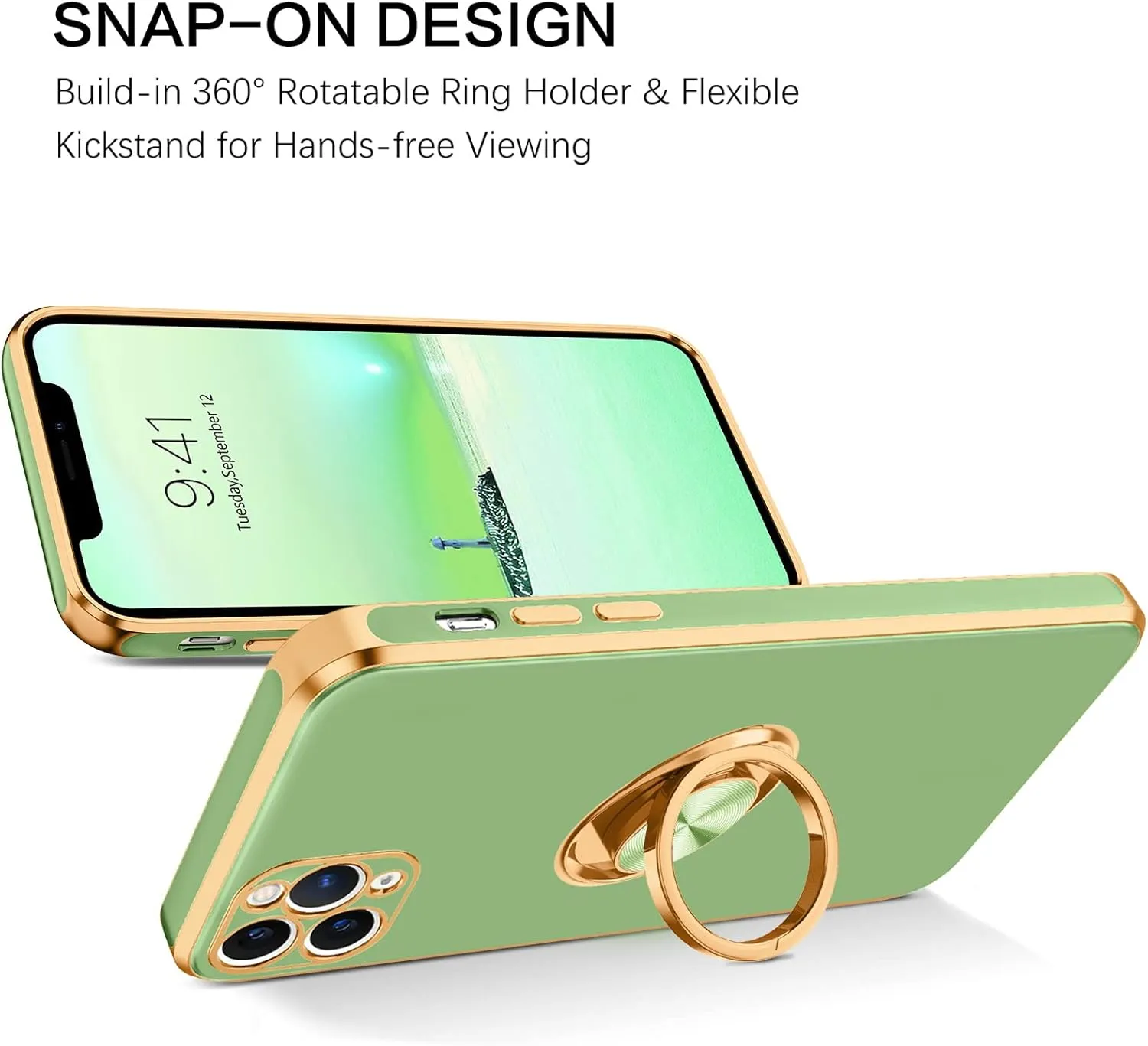 BENTOBEN for iPhone 11 Pro Max Case, Phone Case iPhone 11 ProMax, Slim Fit Kickstand Ring Holder Shockproof Protection Soft TPU Bumper Protective Girl Women Boy iPhone 11 ProMax Cover, New Green/Gold