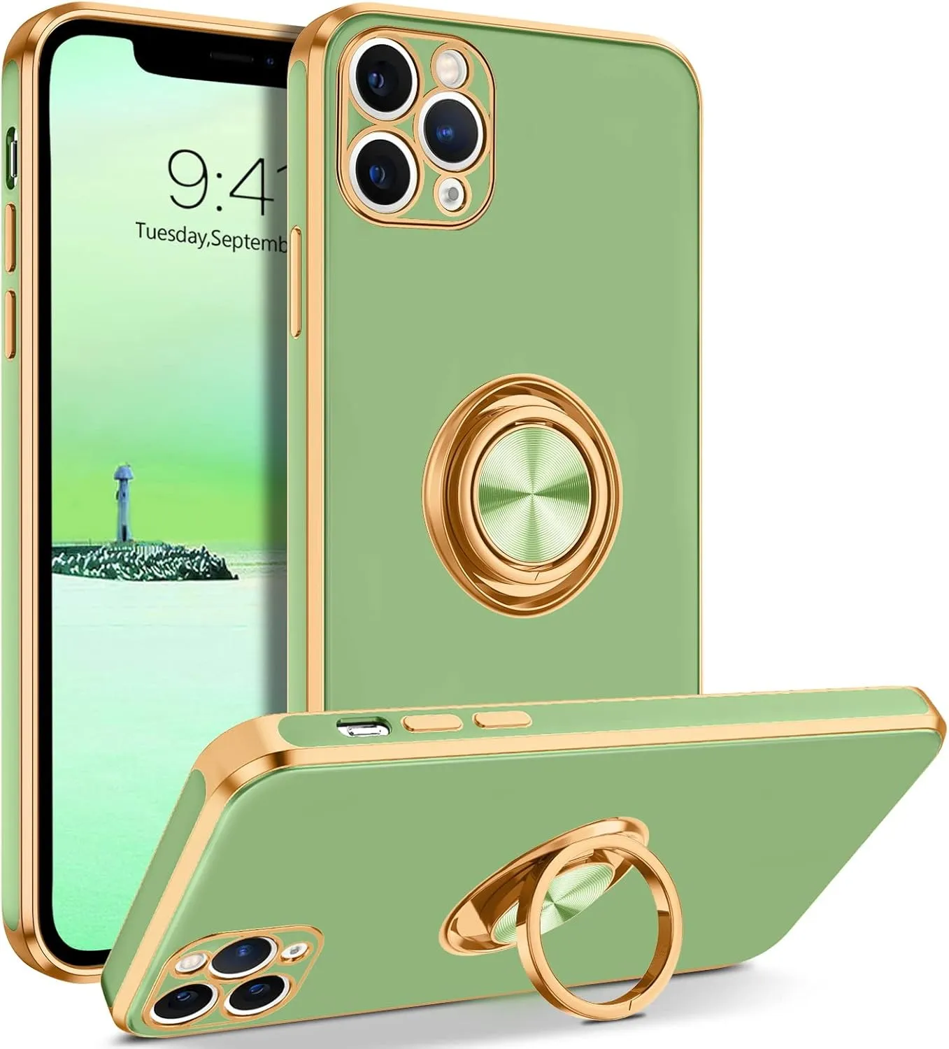BENTOBEN for iPhone 11 Pro Max Case, Phone Case iPhone 11 ProMax, Slim Fit Kickstand Ring Holder Shockproof Protection Soft TPU Bumper Protective Girl Women Boy iPhone 11 ProMax Cover, New Green/Gold