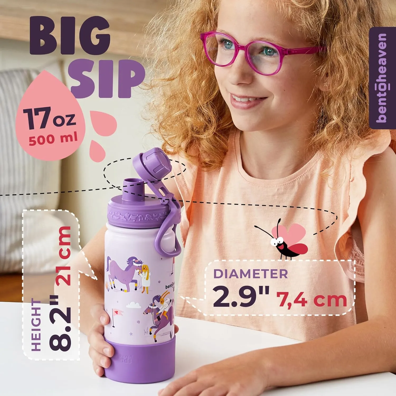 Bentoheaven Kids Water Bottle Stainless Steel for Boys & Girls, 2 Lids (Chug & Straw), Handle & Silicone Boot, Reusable Metal Leak-proof Insulated Tumbler, School & Sports 17oz (Purple)