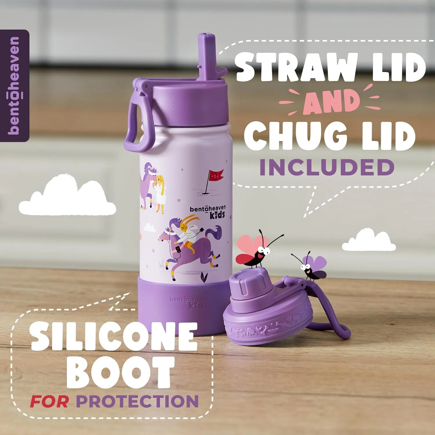 Bentoheaven Kids Water Bottle Stainless Steel for Boys & Girls, 2 Lids (Chug & Straw), Handle & Silicone Boot, Reusable Metal Leak-proof Insulated Tumbler, School & Sports 17oz (Purple)