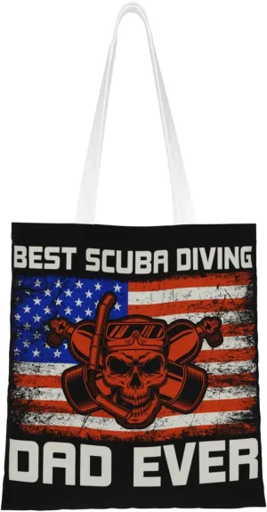 Best Scuba Diving Dad Ever Tote Bag for Women Canvas Shopping Bags Reusable Large Capacity Casual Shoulder Handbags Grocery Bags DIY Gift Bags