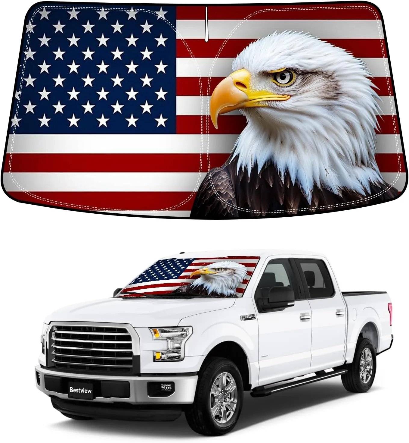 Bestview American Eagle Flag Windshield Sun Shade for 2015-2020 Ford F150,Custom Fit Foldable Front Window Sunshade Sun Visor Accessories Protector Block UV Rays Heat, Keep Your Car Cooler