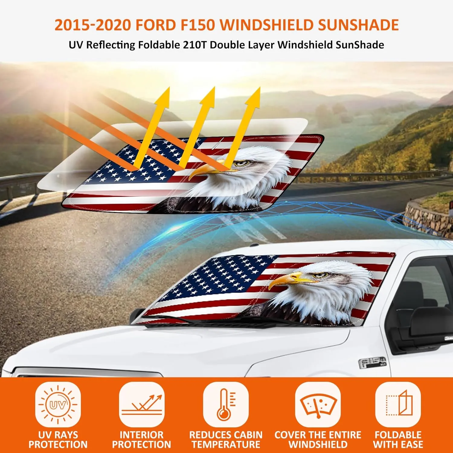 Bestview American Eagle Flag Windshield Sun Shade for 2015-2020 Ford F150,Custom Fit Foldable Front Window Sunshade Sun Visor Accessories Protector Block UV Rays Heat, Keep Your Car Cooler