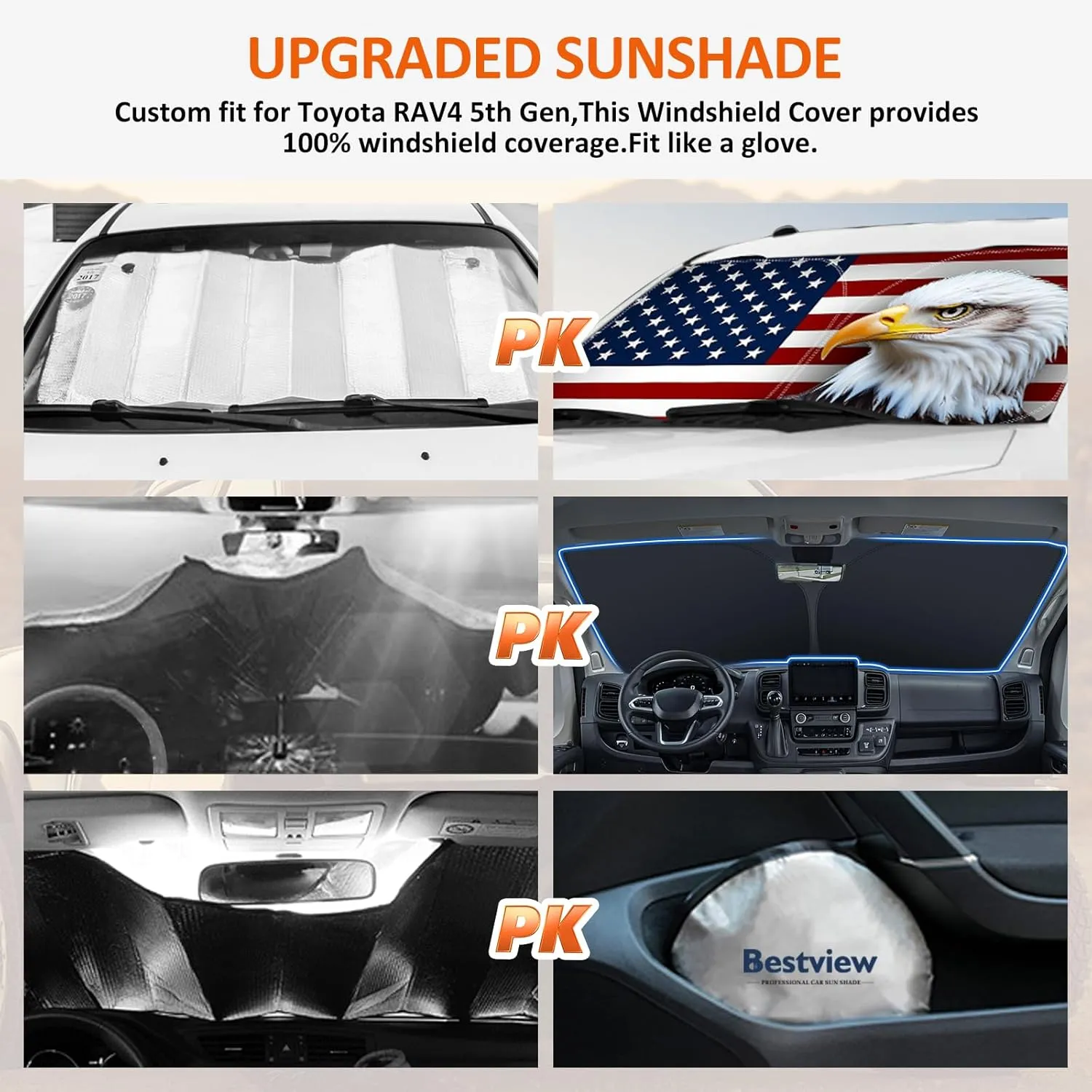 Bestview American Eagle Flag Windshield Sun Shade for 2015-2020 Ford F150,Custom Fit Foldable Front Window Sunshade Sun Visor Accessories Protector Block UV Rays Heat, Keep Your Car Cooler
