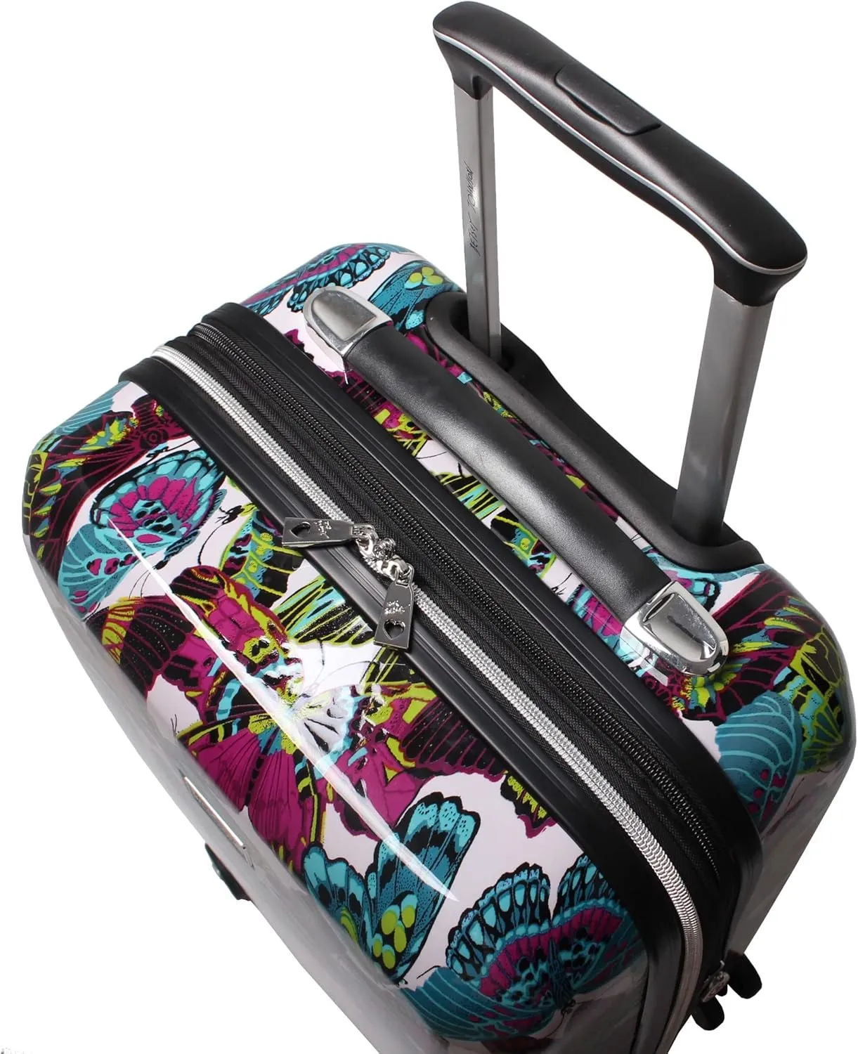 Betsey Johnson 26 Inch Checked Luggage Collection - Expandable Scratch Resistant (ABS   PC) Hardside Suitcase - Designer Lightweight Bag with 8-Rolling Spinner Wheels (Magenta Butterfly, 26IN)