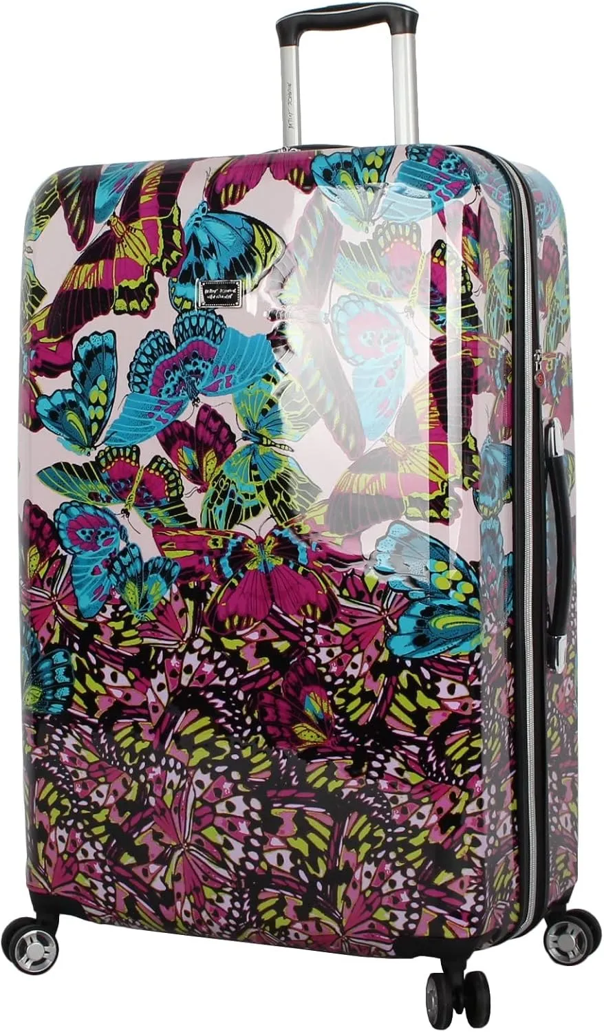Betsey Johnson 26 Inch Checked Luggage Collection - Expandable Scratch Resistant (ABS   PC) Hardside Suitcase - Designer Lightweight Bag with 8-Rolling Spinner Wheels (Magenta Butterfly, 26IN)