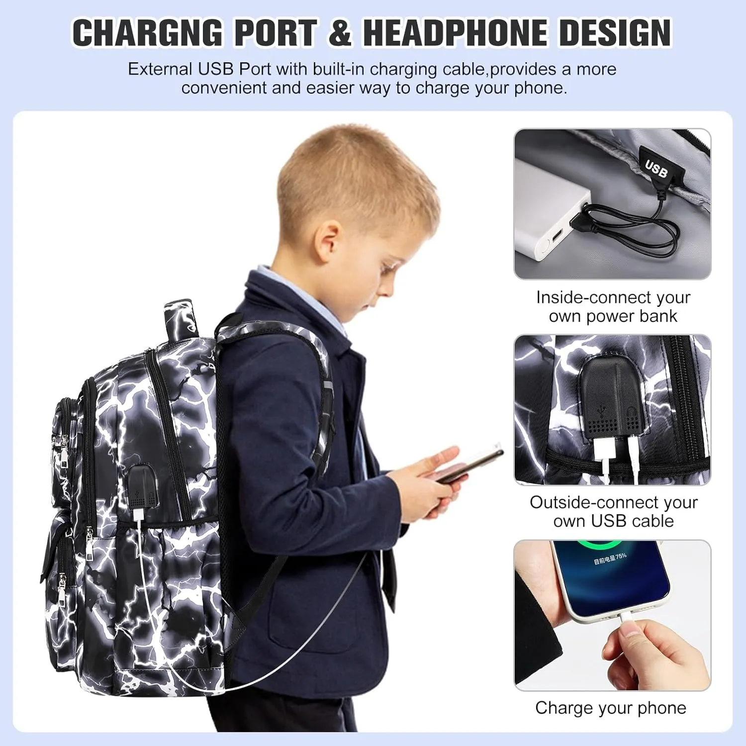 Bevalsa Backpack for Boys, Lightining School Bags for Kids, Bookbag for Boys Girls Teens