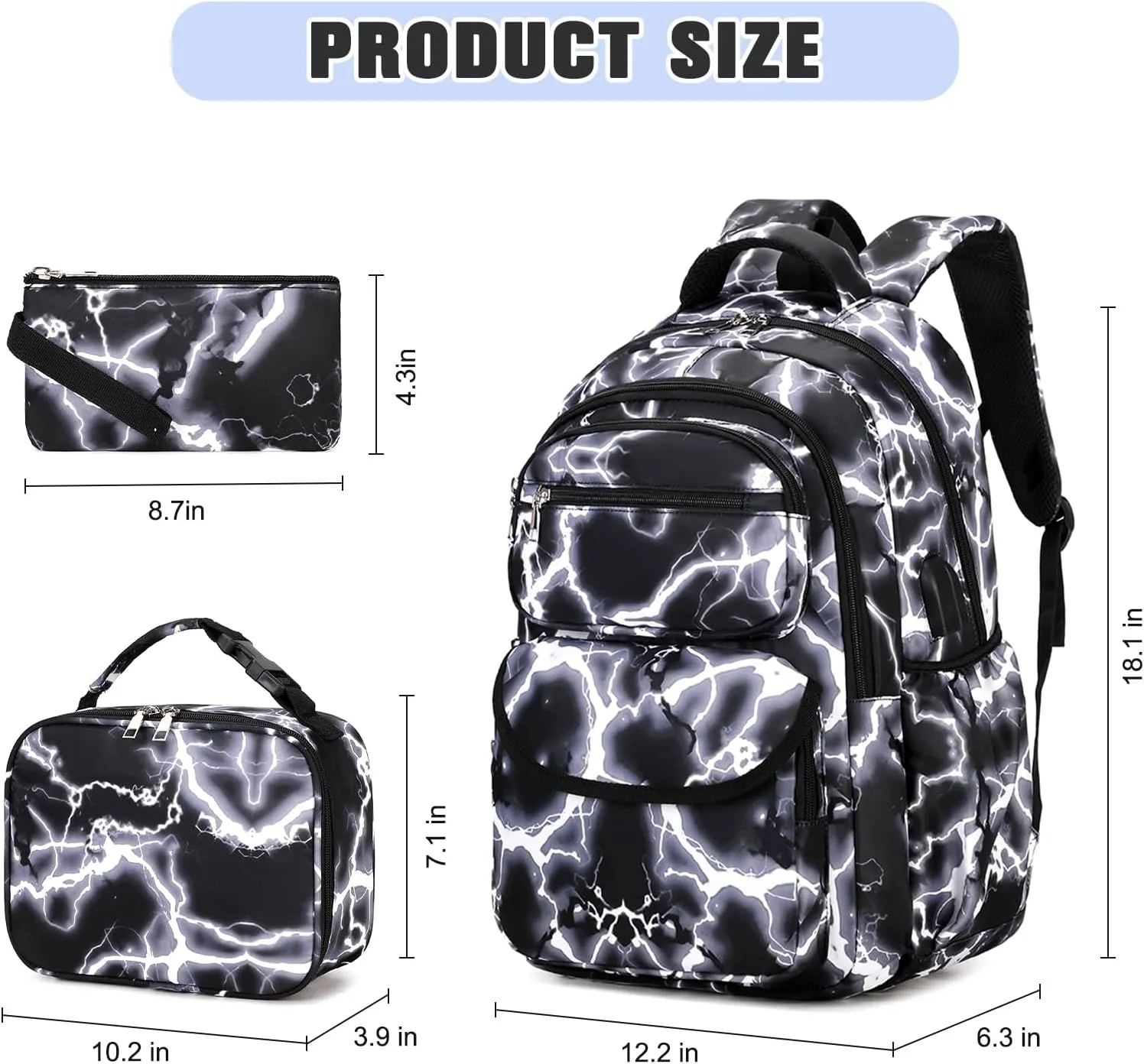 Bevalsa Backpack for Boys, Lightining School Bags for Kids, Bookbag for Boys Girls Teens