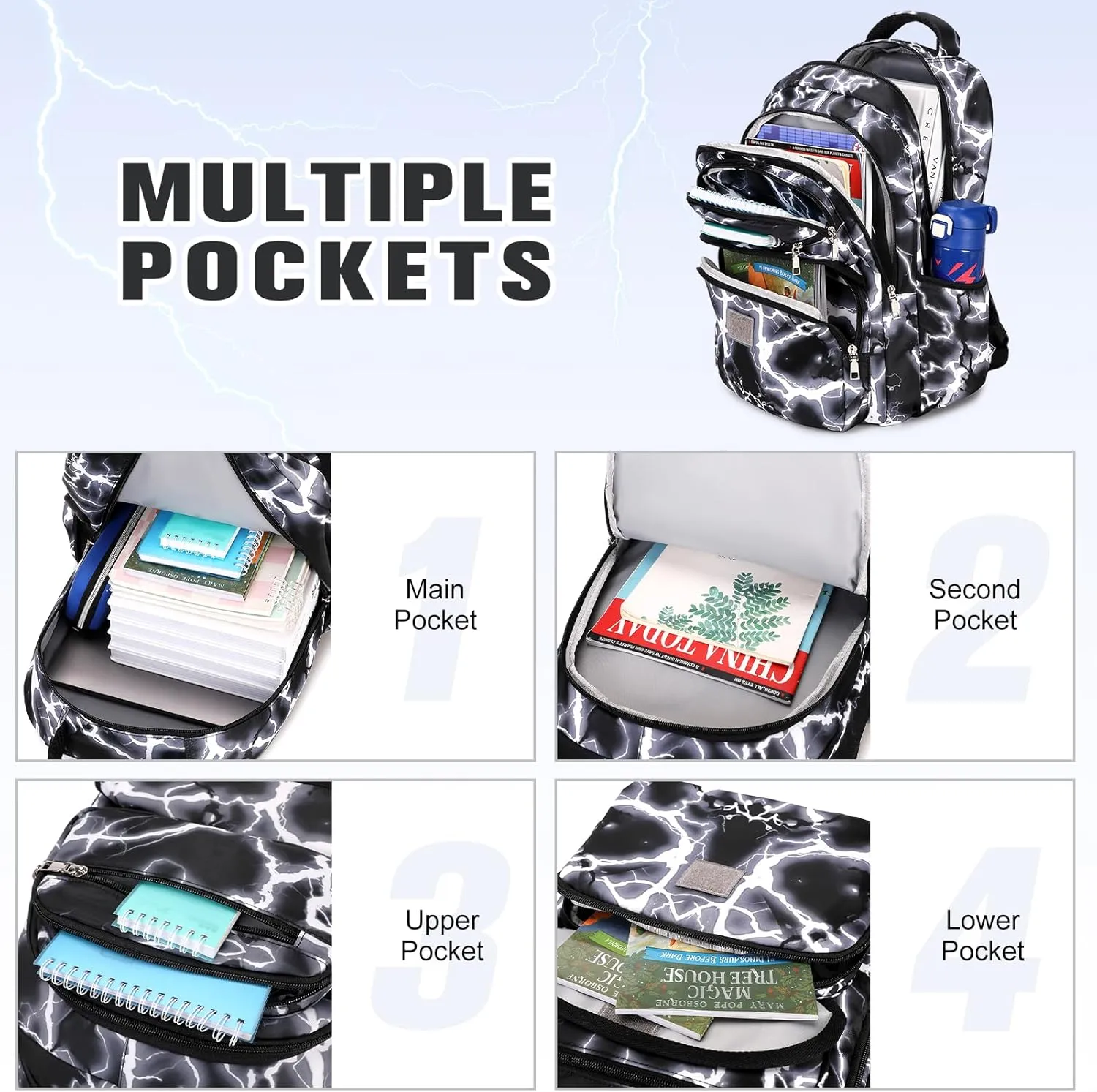 Bevalsa Backpack for Boys, Lightining School Bags for Kids, Bookbag for Boys Girls Teens
