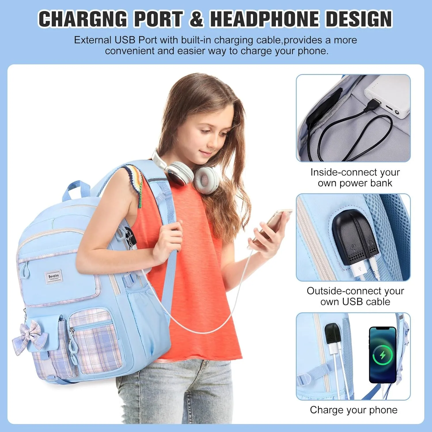Bevalsa Backpack for Gilrs, School Bags for Kids with Lunch Bag & Pen Case, Bow Plaid Bookbag for Girls Children Teens for Elementary Middle High school College Student with USB Charging Port (Blue)