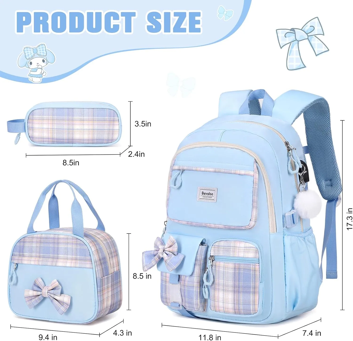 Bevalsa Backpack for Gilrs, School Bags for Kids with Lunch Bag & Pen Case, Bow Plaid Bookbag for Girls Children Teens for Elementary Middle High school College Student with USB Charging Port (Blue)