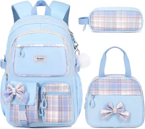 Bevalsa Backpack for Gilrs, School Bags for Kids with Lunch Bag & Pen Case, Bow Plaid Bookbag for Girls Children Teens for Elementary Middle High school College Student with USB Charging Port (Blue)