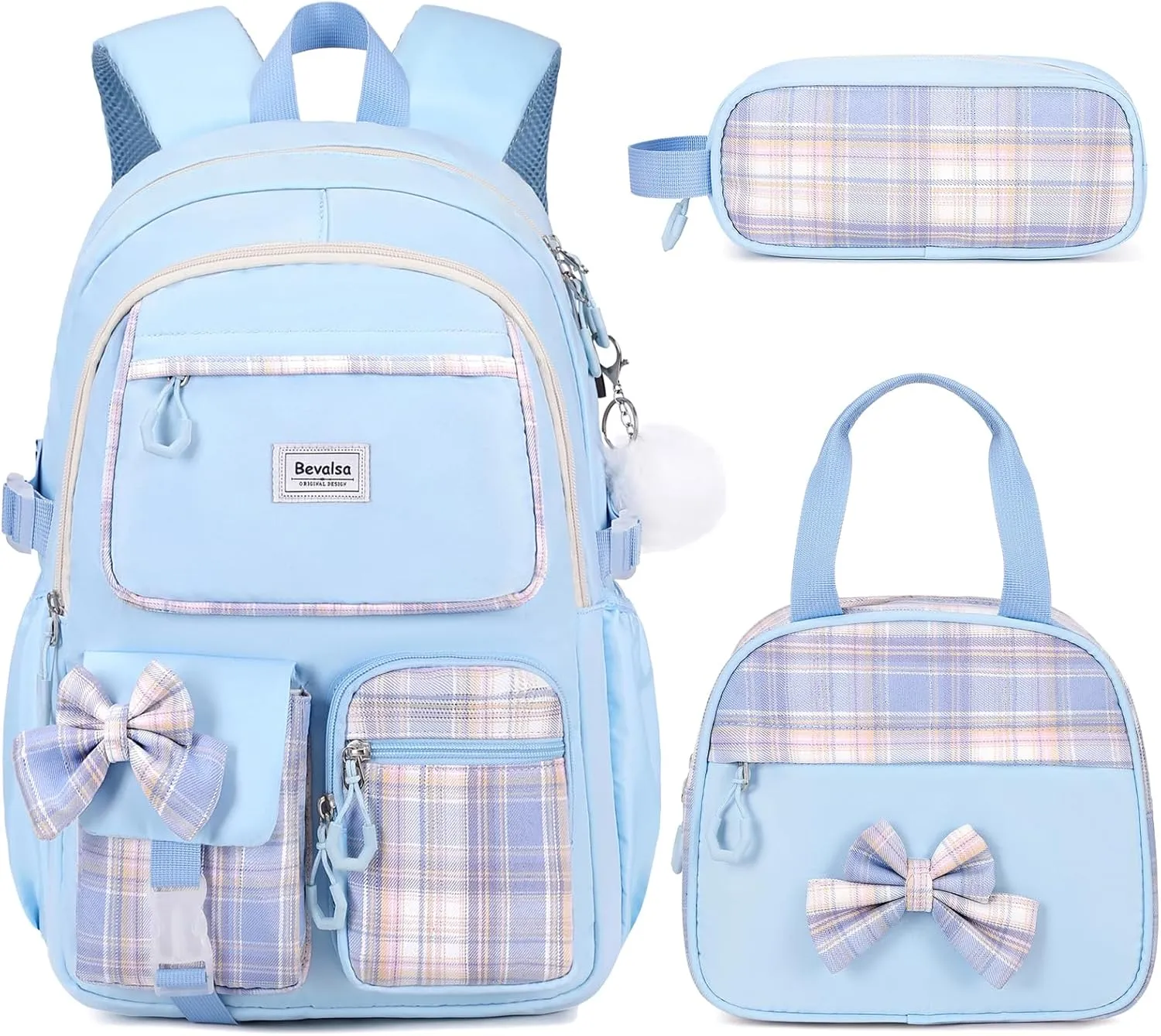 Bevalsa Backpack for Gilrs, School Bags for Kids with Lunch Bag & Pen Case, Bow Plaid Bookbag for Girls Children Teens for Elementary Middle High school College Student with USB Charging Port (Blue)