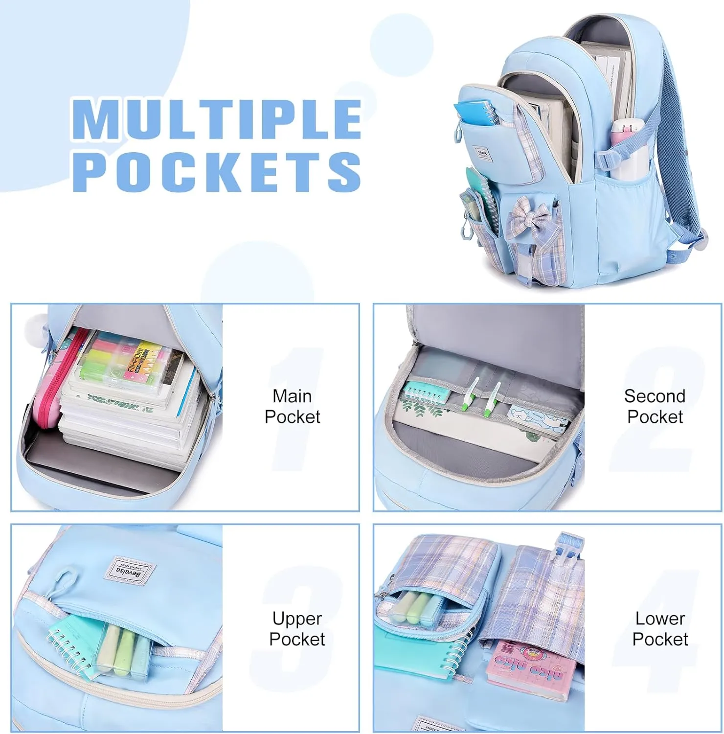 Bevalsa Backpack for Gilrs, School Bags for Kids with Lunch Bag & Pen Case, Bow Plaid Bookbag for Girls Children Teens for Elementary Middle High school College Student with USB Charging Port (Blue)