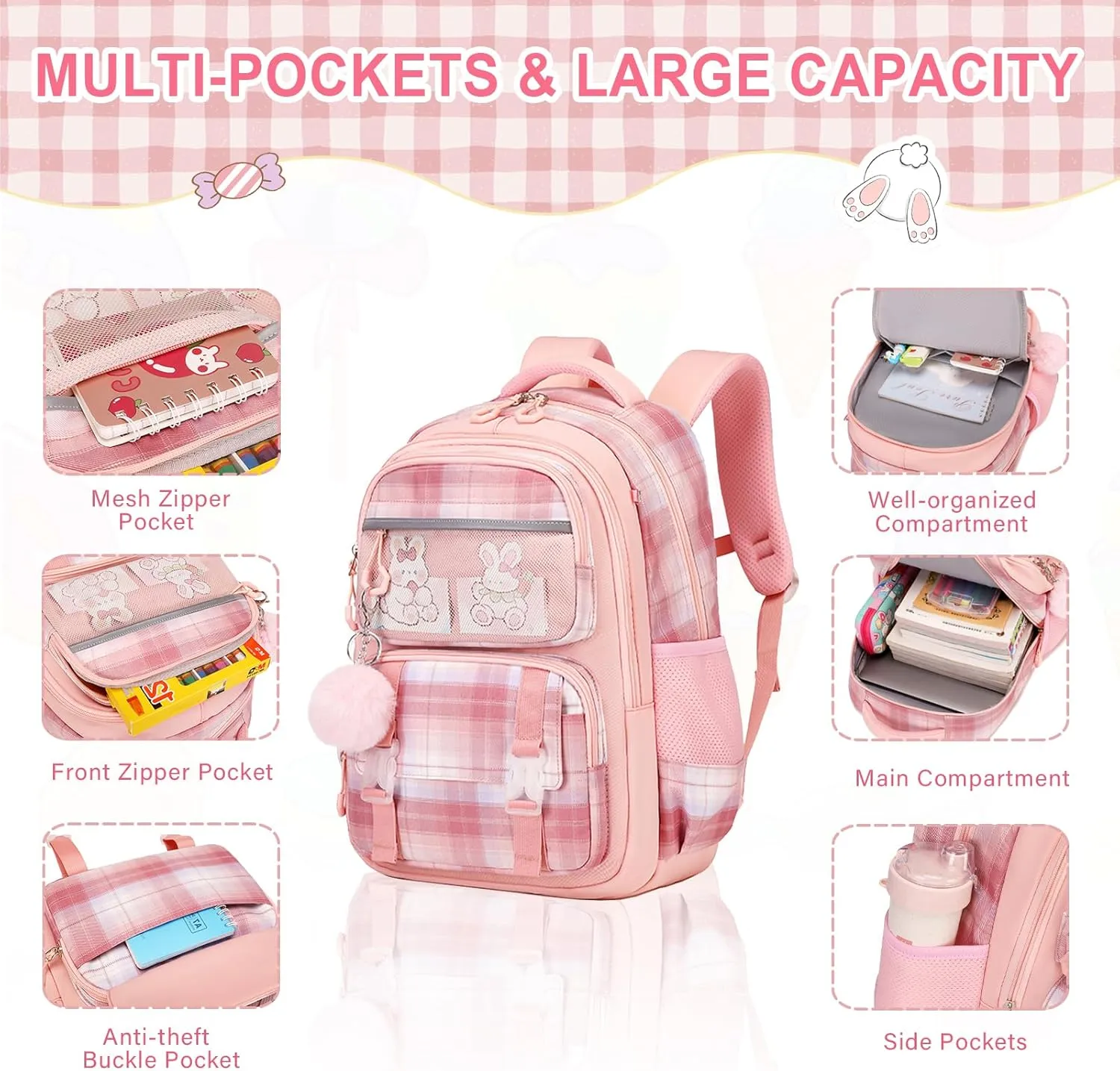 Bevalsa Cute Kids Girls Teens Elementary Middle High School College Student Casual Travel Daypack Children Schoolbag with Lunch Box (Pink)