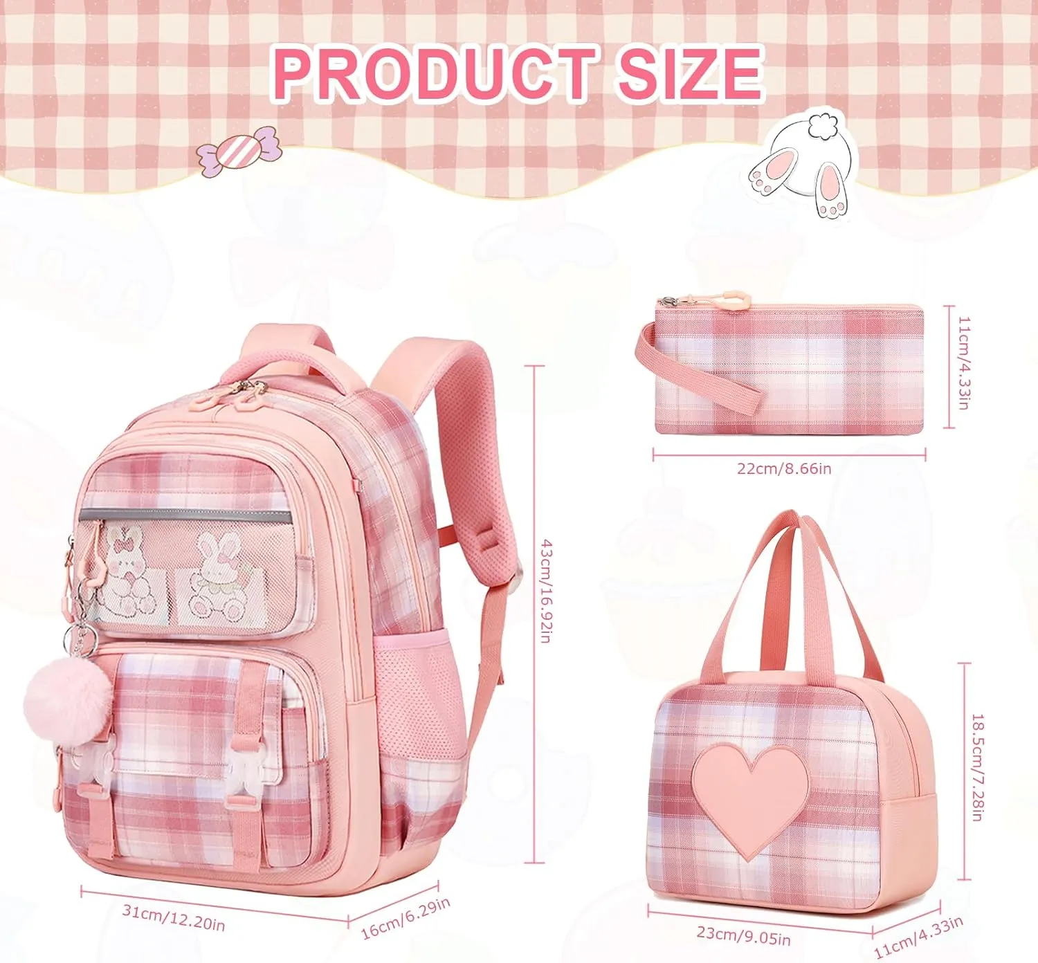 Bevalsa Cute Kids Girls Teens Elementary Middle High School College Student Casual Travel Daypack Children Schoolbag with Lunch Box (Pink)