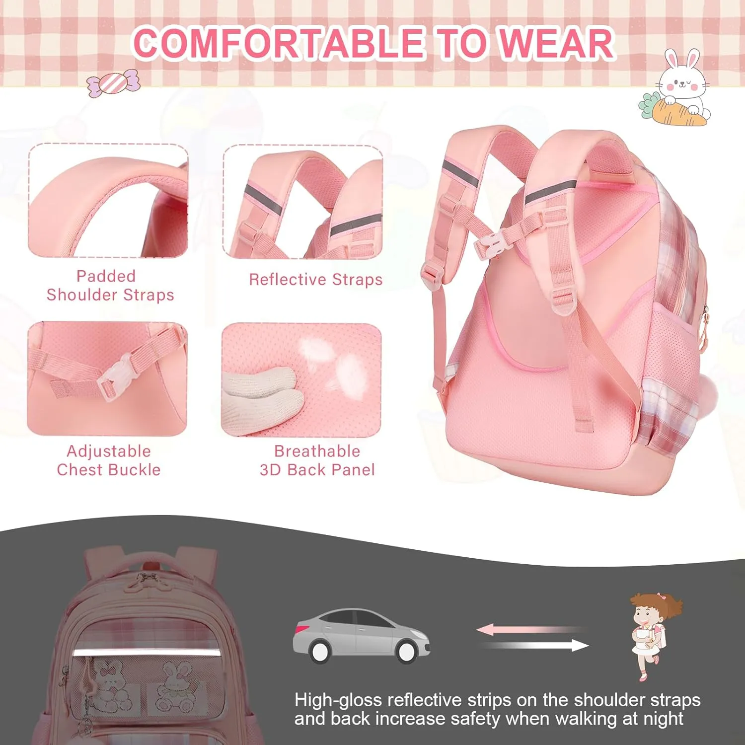 Bevalsa Cute Kids Girls Teens Elementary Middle High School College Student Casual Travel Daypack Children Schoolbag with Lunch Box (Pink)