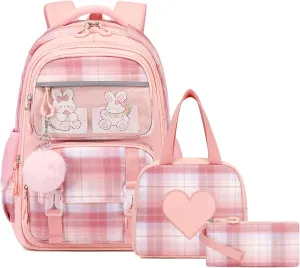 Bevalsa Cute Kids Girls Teens Elementary Middle High School College Student Casual Travel Daypack Children Schoolbag with Lunch Box (Pink)