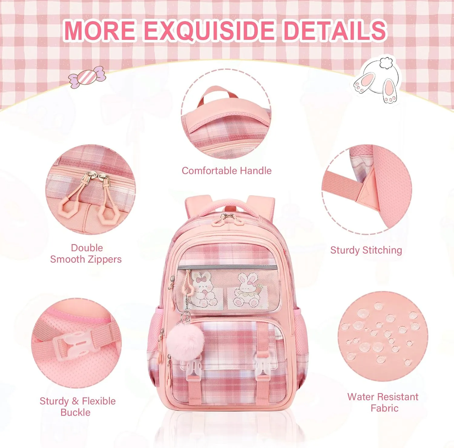 Bevalsa Cute Kids Girls Teens Elementary Middle High School College Student Casual Travel Daypack Children Schoolbag with Lunch Box (Pink)