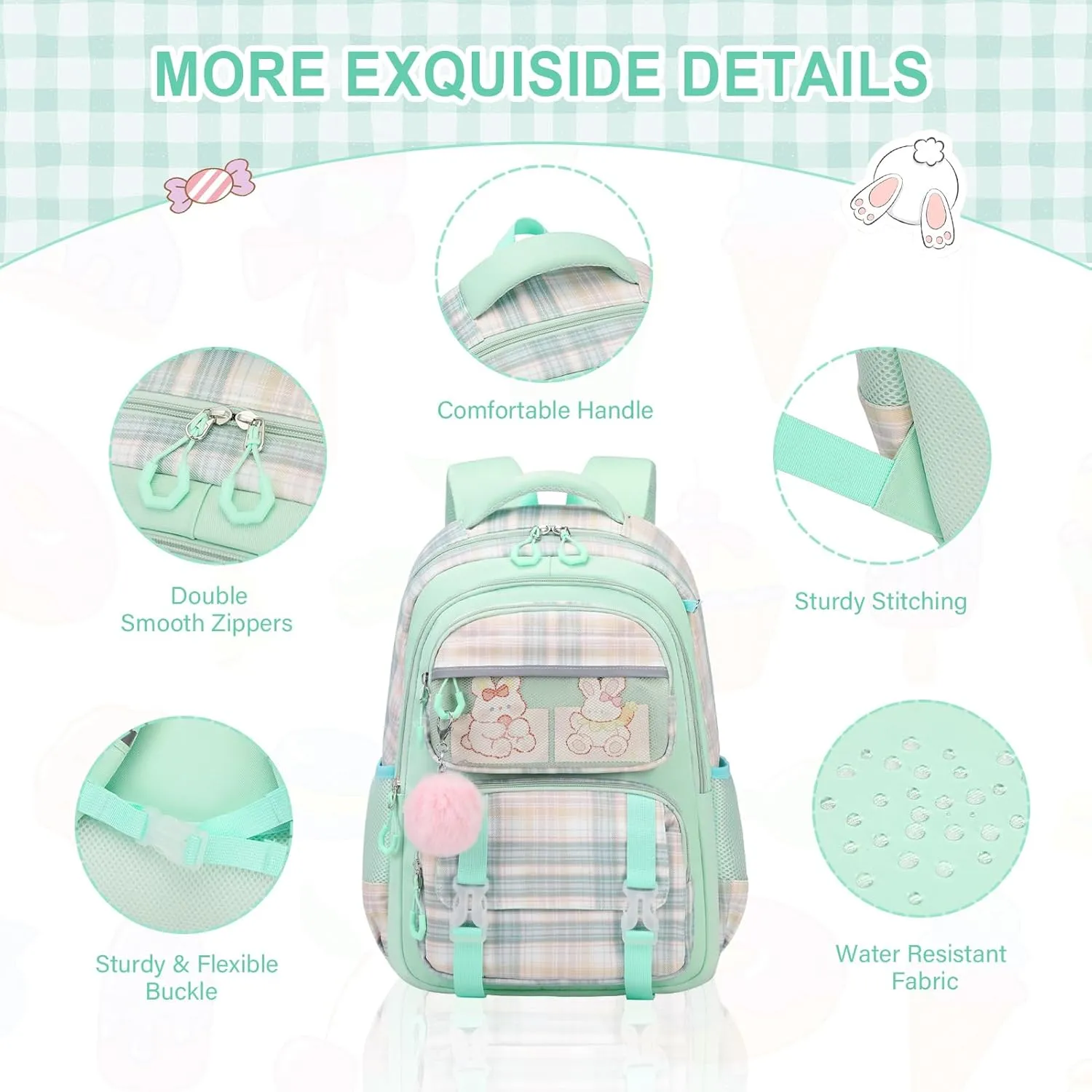 Bevalsa Kids Backpack for Students - With Lunch Box, Cute Bookbag for Teens & College Travel Daypack (Green)