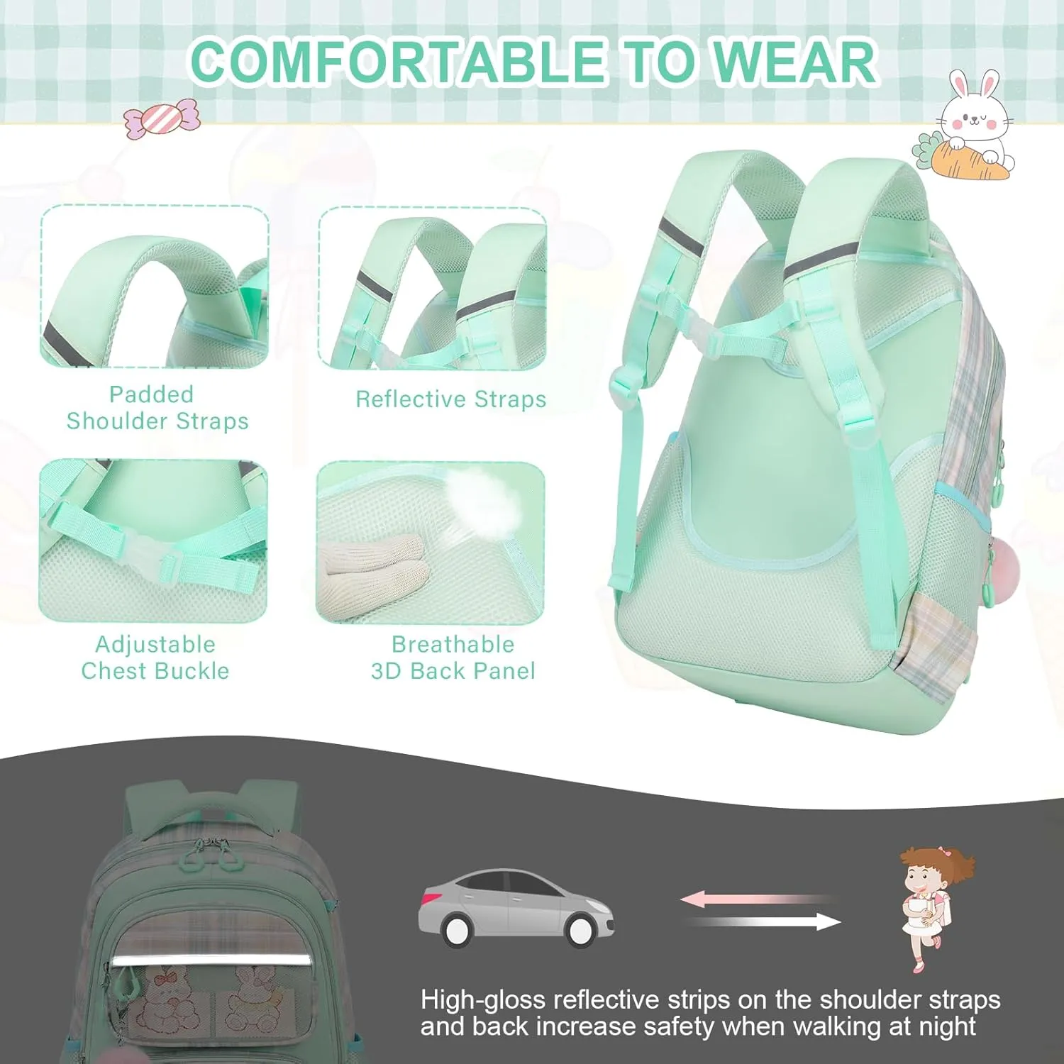 Bevalsa Kids Backpack for Students - With Lunch Box, Cute Bookbag for Teens & College Travel Daypack (Green)