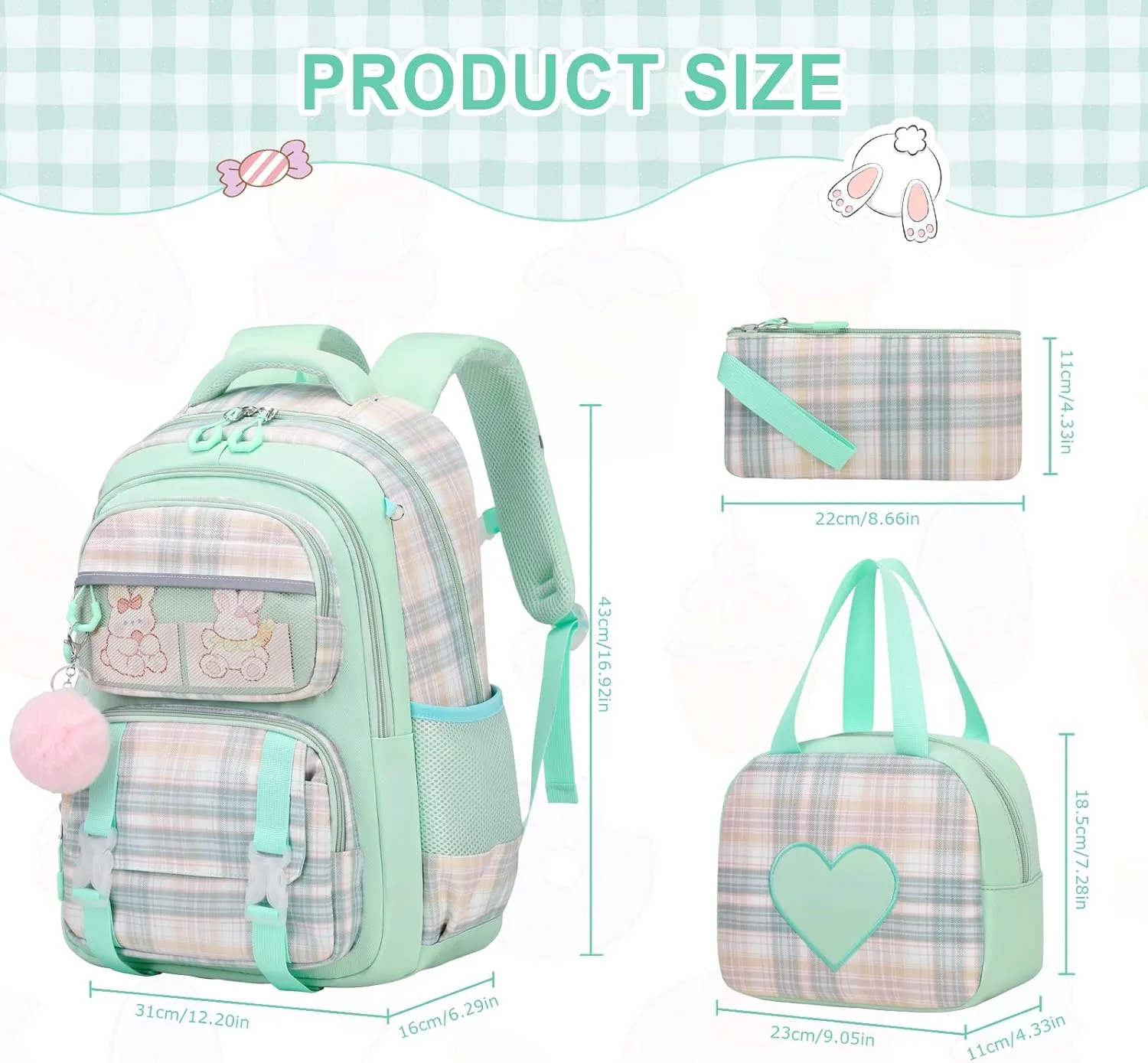 Bevalsa Kids Backpack for Students - With Lunch Box, Cute Bookbag for Teens & College Travel Daypack (Green)