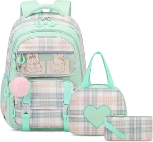 Bevalsa Kids Backpack for Students - With Lunch Box, Cute Bookbag for Teens & College Travel Daypack (Green)