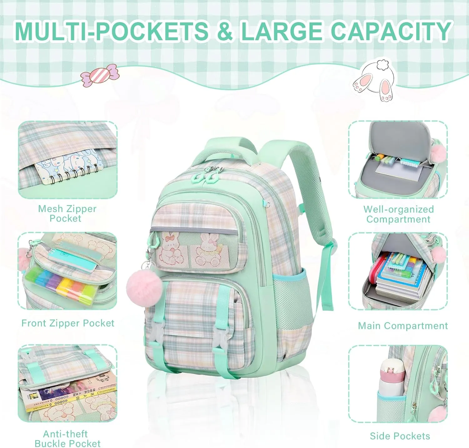 Bevalsa Kids Backpack for Students - With Lunch Box, Cute Bookbag for Teens & College Travel Daypack (Green)