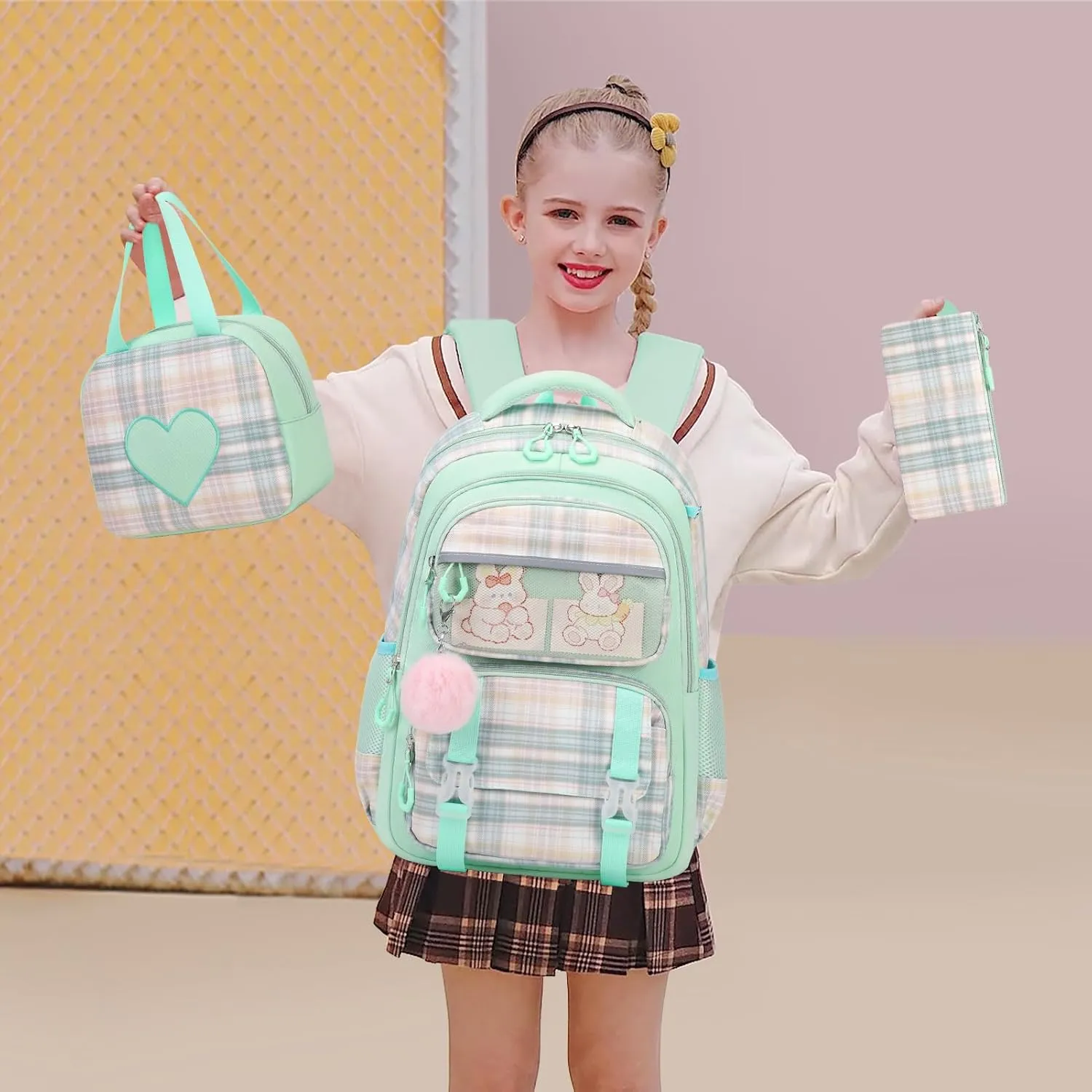 Bevalsa Kids Backpack for Students - With Lunch Box, Cute Bookbag for Teens & College Travel Daypack (Green)