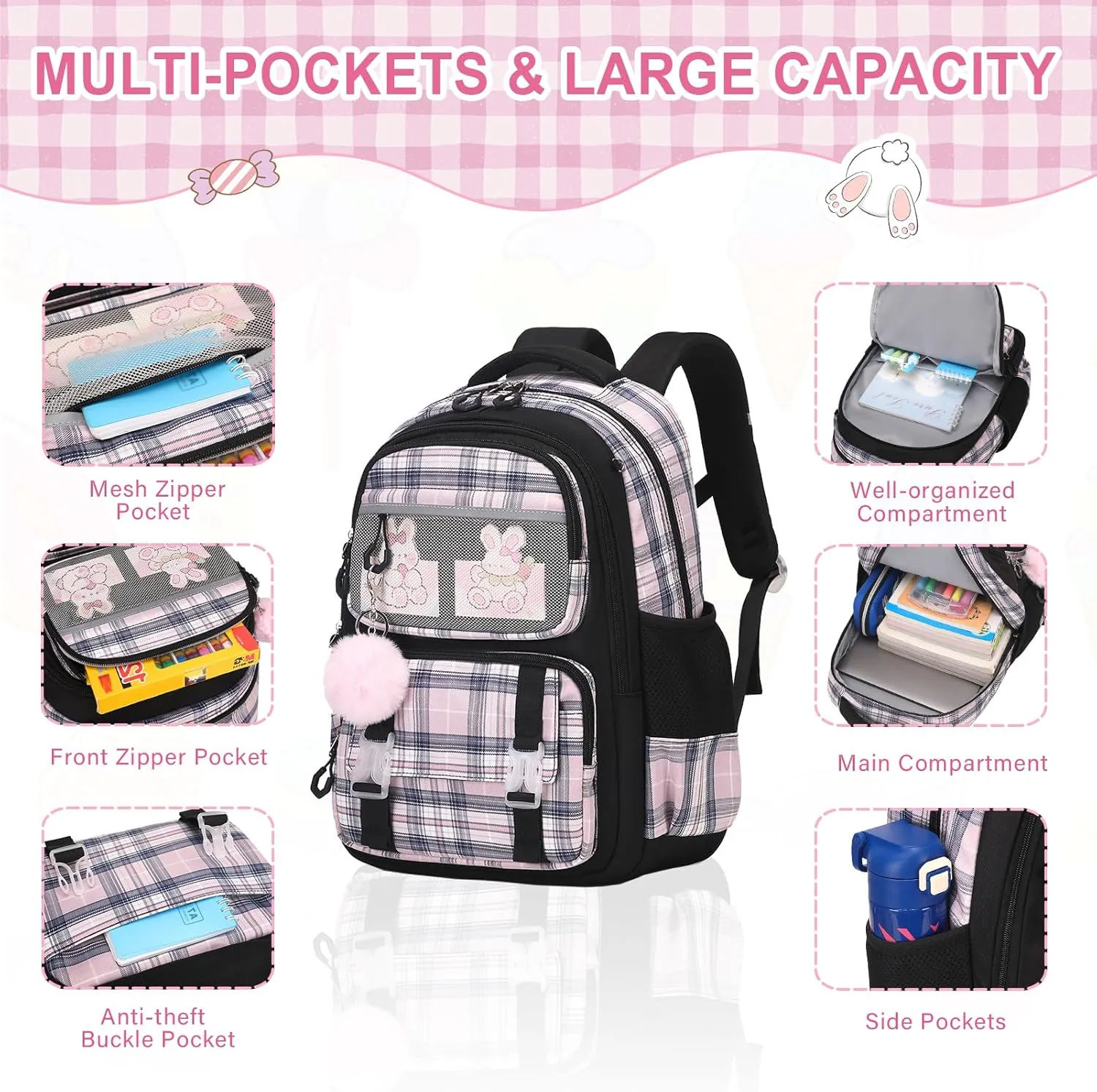 Bevalsa School Backpack With Lunch Box for Girls, Cute Bookbag for Kids Teens Elementary Middle High School College Student Casual Travel Daypack Children Schoolbag (Black)