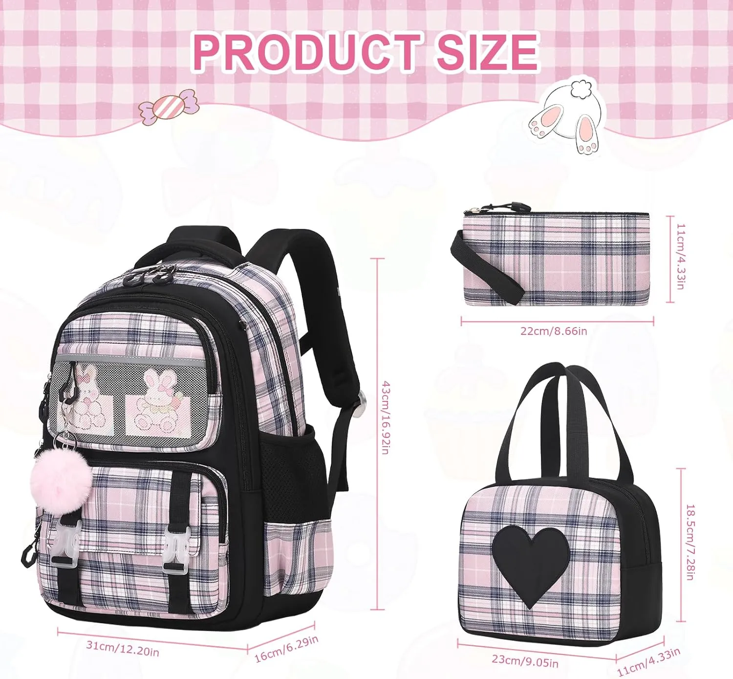 Bevalsa School Backpack With Lunch Box for Girls, Cute Bookbag for Kids Teens Elementary Middle High School College Student Casual Travel Daypack Children Schoolbag (Black)