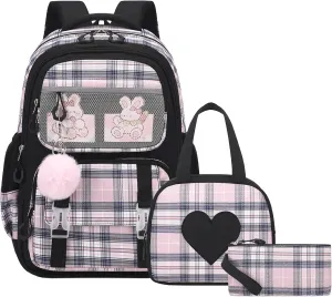 Bevalsa School Backpack With Lunch Box for Girls, Cute Bookbag for Kids Teens Elementary Middle High School College Student Casual Travel Daypack Children Schoolbag (Black)