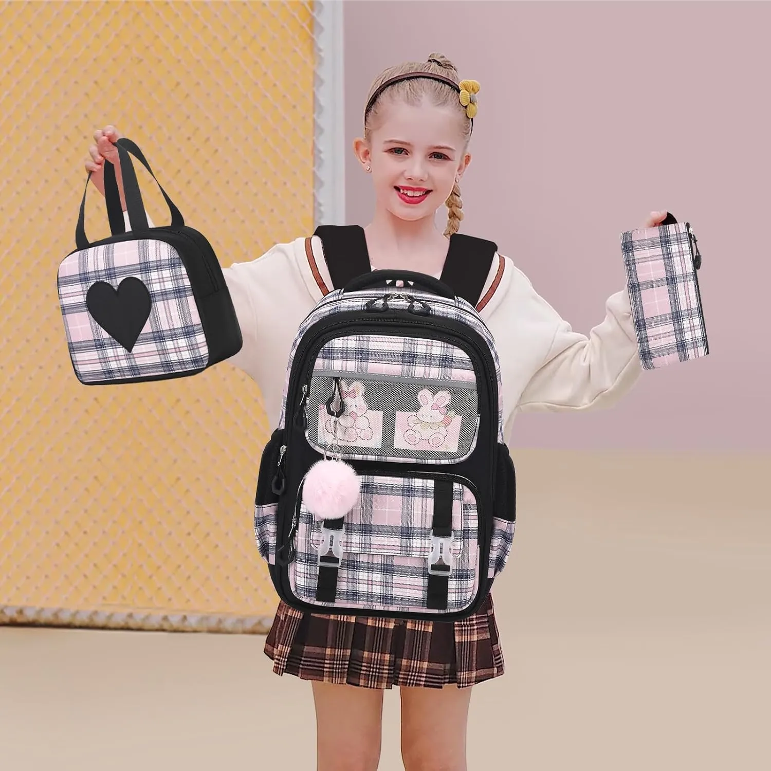 Bevalsa School Backpack With Lunch Box for Girls, Cute Bookbag for Kids Teens Elementary Middle High School College Student Casual Travel Daypack Children Schoolbag (Black)