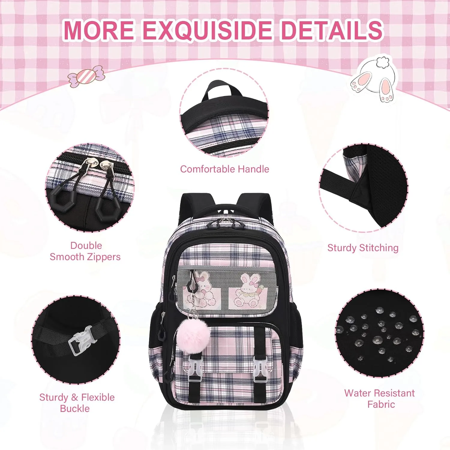 Bevalsa School Backpack With Lunch Box for Girls, Cute Bookbag for Kids Teens Elementary Middle High School College Student Casual Travel Daypack Children Schoolbag (Black)