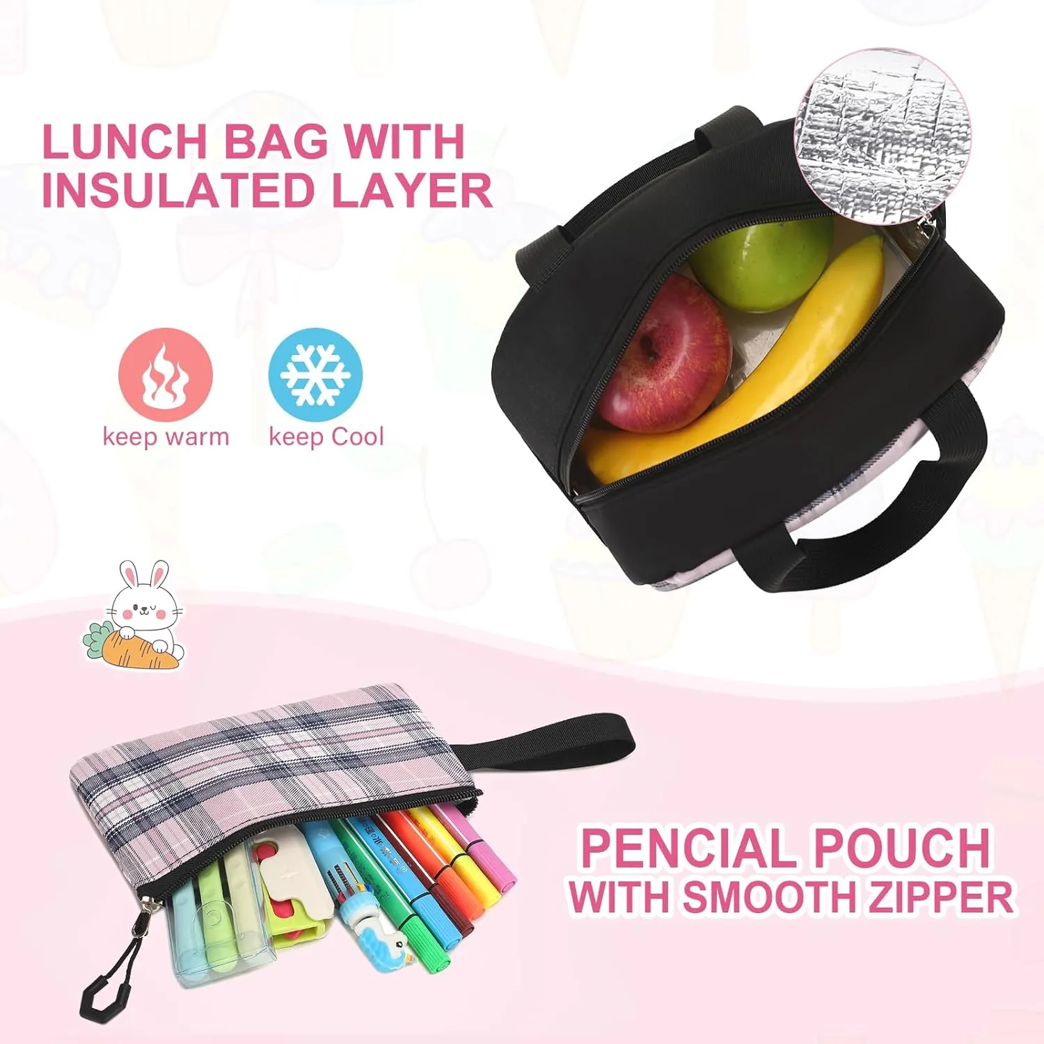 Bevalsa School Backpack With Lunch Box for Girls, Cute Bookbag for Kids Teens Elementary Middle High School College Student Casual Travel Daypack Children Schoolbag (Black)