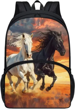 Binienty Black White Horse Backpack for Kids 17 Inch Schoolbag for Kindergarten,Elementary School，Middle School，College，Lightweight Bookbag Outdoor Casual Daypack