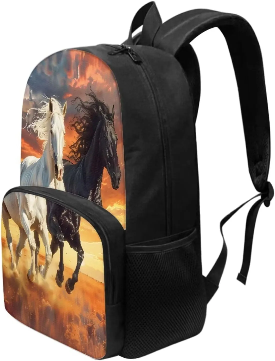 Binienty Black White Horse Backpack for Kids 17 Inch Schoolbag for Kindergarten,Elementary School，Middle School，College，Lightweight Bookbag Outdoor Casual Daypack