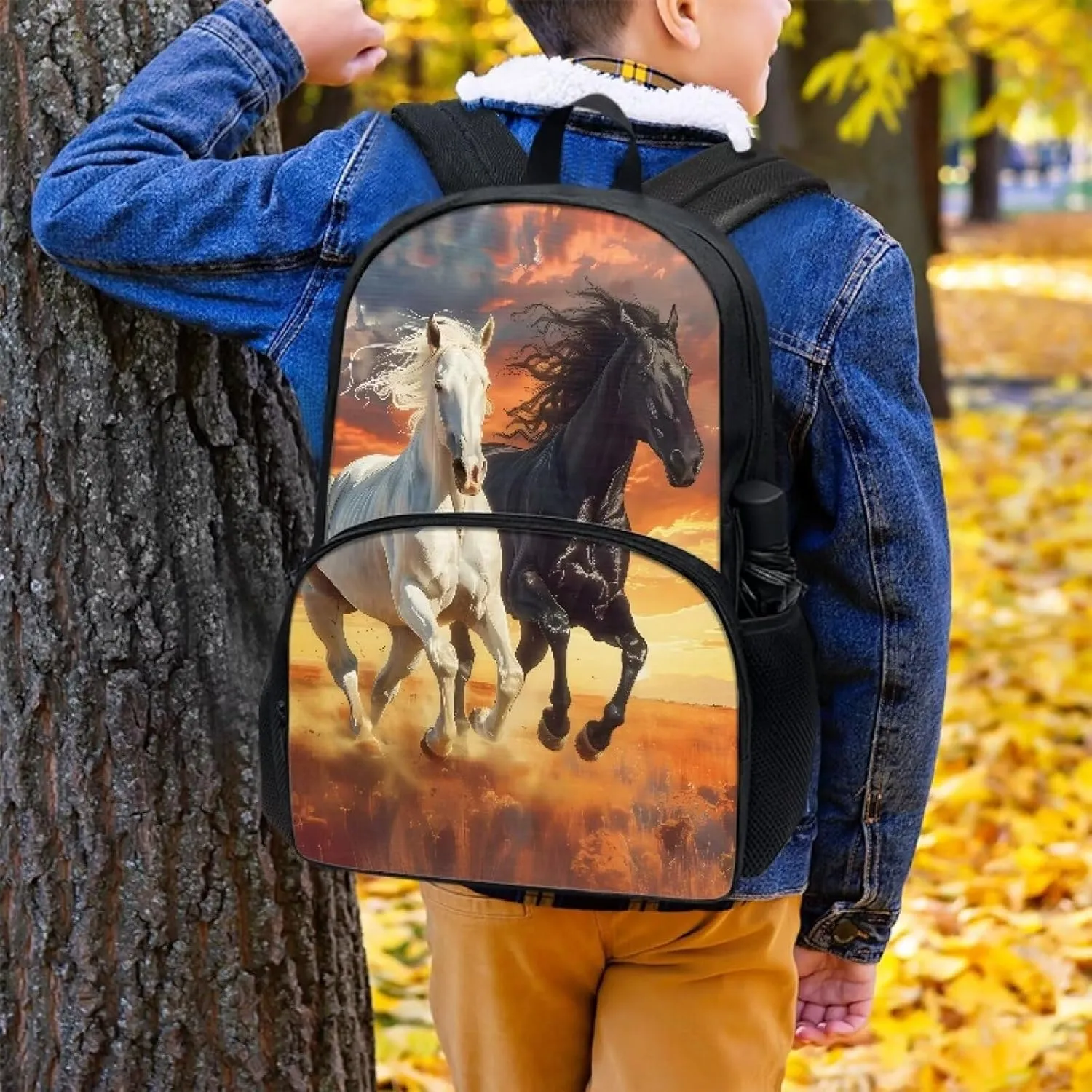 Binienty Black White Horse Backpack for Kids 17 Inch Schoolbag for Kindergarten,Elementary School，Middle School，College，Lightweight Bookbag Outdoor Casual Daypack