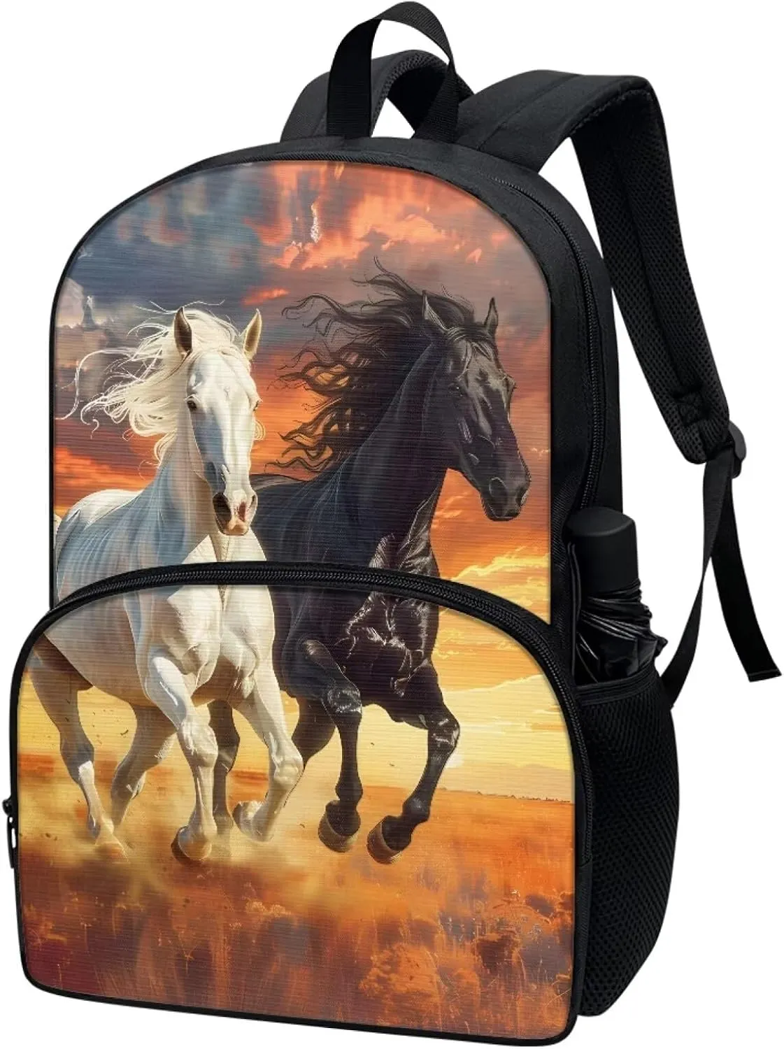 Binienty Black White Horse Backpack for Kids 17 Inch Schoolbag for Kindergarten,Elementary School，Middle School，College，Lightweight Bookbag Outdoor Casual Daypack