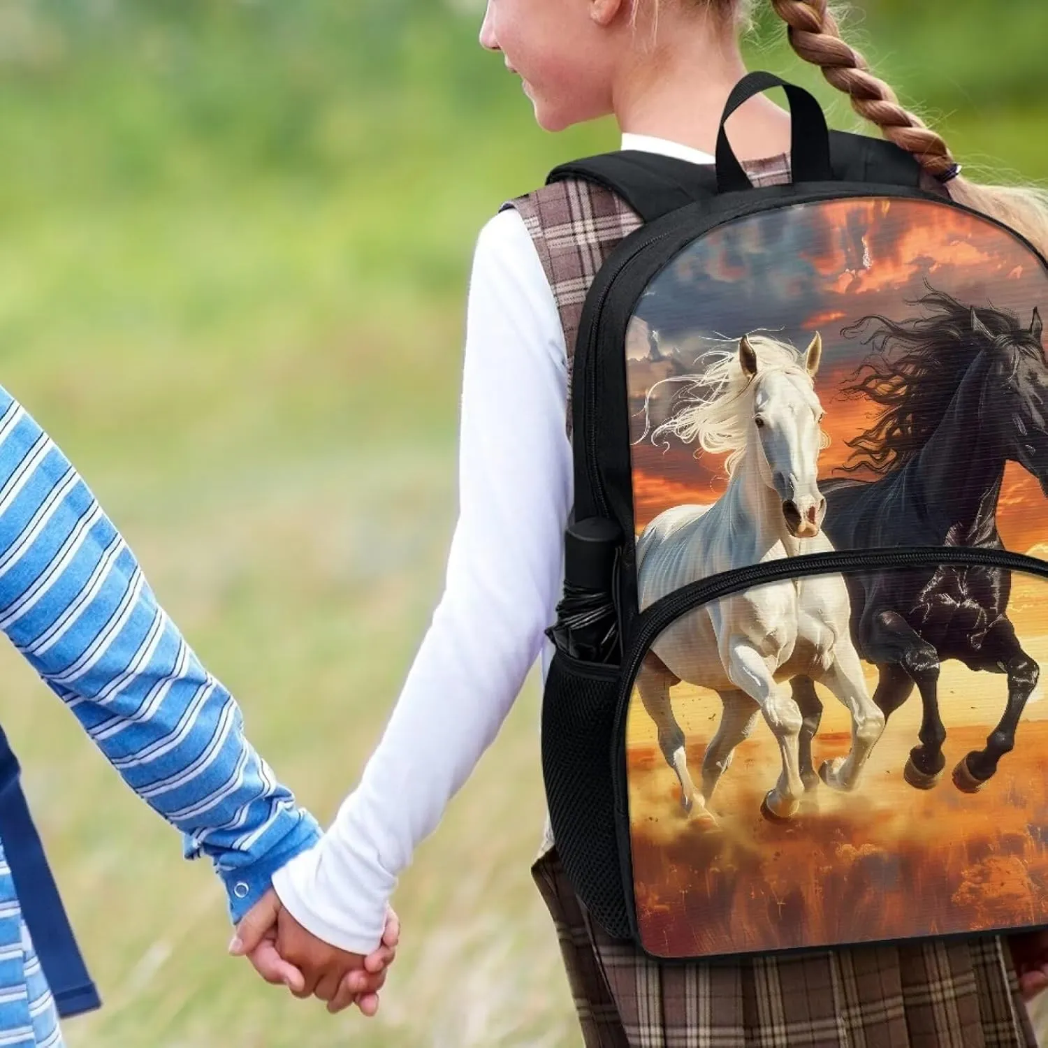 Binienty Black White Horse Backpack for Kids 17 Inch Schoolbag for Kindergarten,Elementary School，Middle School，College，Lightweight Bookbag Outdoor Casual Daypack